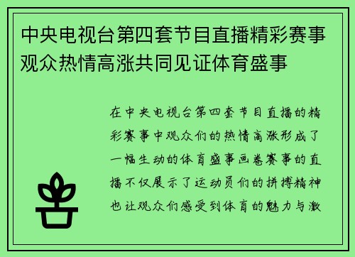 中央电视台第四套节目直播精彩赛事观众热情高涨共同见证体育盛事
