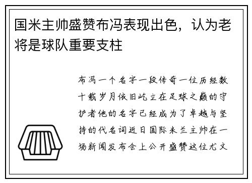 国米主帅盛赞布冯表现出色，认为老将是球队重要支柱