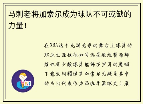 马刺老将加索尔成为球队不可或缺的力量！